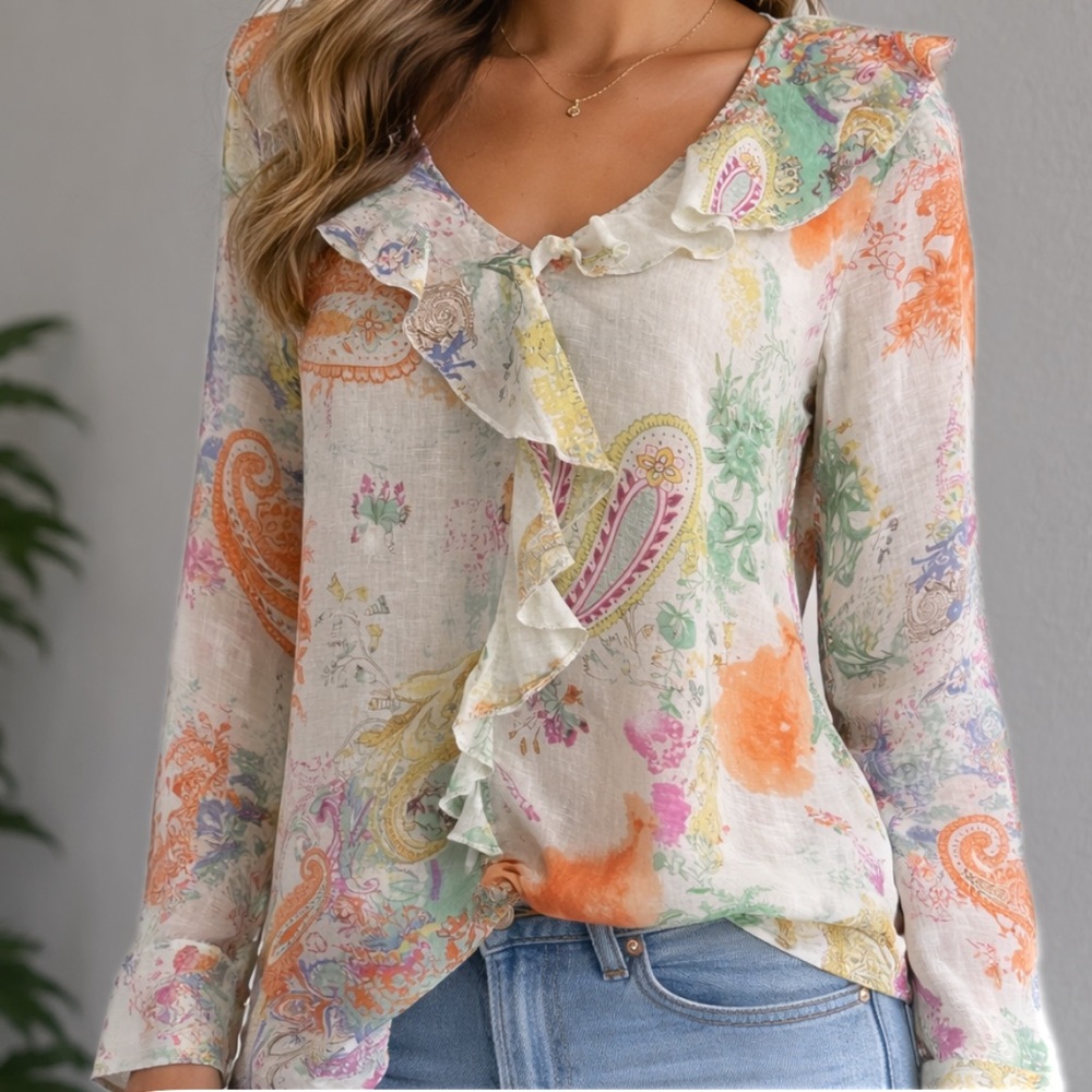 Soft Surroundings Adeline Linen Long Sleeve Paisley Print Blouse - Size Small
